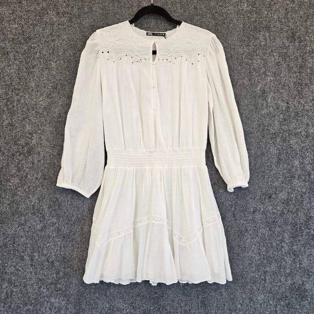 Zara White Embroidered Smocked Mini Dress M NWT